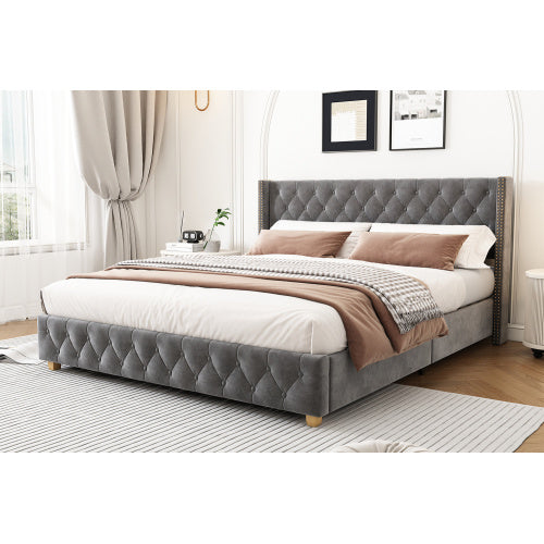 Upholstered Bed,Double Bed-4ft6 135x190cm,With Slatted Frame And Headboard, Button Upholstery, Rivet Upholstery, Wooden Legs, Velvet, Grey