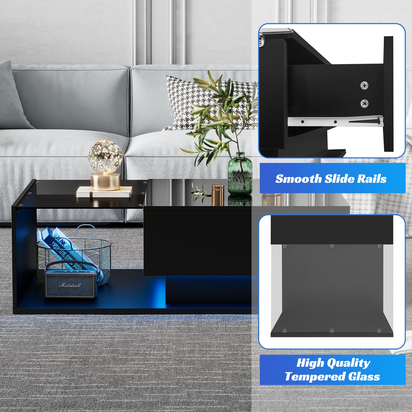 LED Coffee Table, Modern High Gloss Coffee Table, Center Table With Glass, Modern Coffee Table For Living Room With Drawer Black