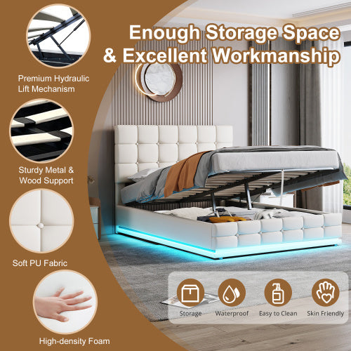 Ottoman Double Bed With LED Lighting, PU Leather Upholstered Bed With Hydraulic Storage, 4ft6 Double Bed Frame With Adjustable Button Tufted Headboard, Cream White No Mattress