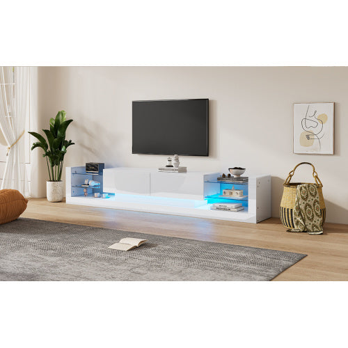 Open Glass Storage TV Stand With LED Lights For TV Cabinets Up To 75 Inches High Gloss Panel, Modern Minimalist Style Media Entertainment Center Console Cabinet Table With 2 Closed Sliding Door, White