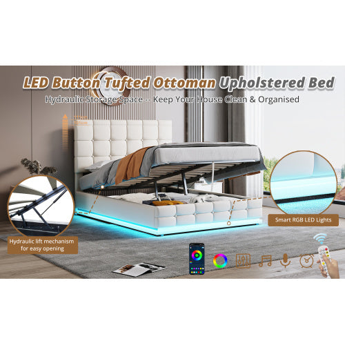 Ottoman Double Bed With LED Lighting, PU Leather Upholstered Bed With Hydraulic Storage, 4ft6 Double Bed Frame With Adjustable Button Tufted Headboard, Cream White No Mattress