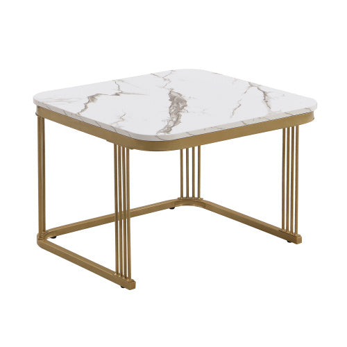 Nestable Coffee Table High Gloss Marble Exterior, Gold Accents, Side Table With Drawer. Set Of Two
