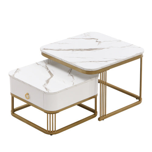 Nestable Coffee Table High Gloss Marble Exterior, Gold Accents, Side Table With Drawer. Set Of Two