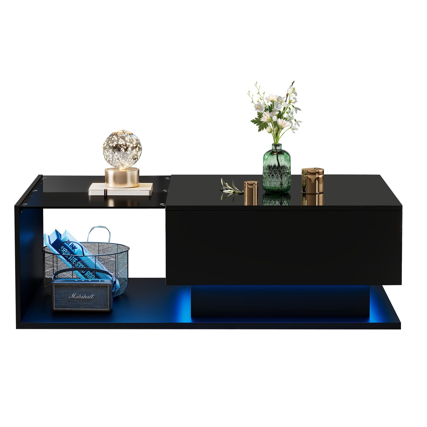 LED Coffee Table, Modern High Gloss Coffee Table, Center Table With Glass, Modern Coffee Table For Living Room With Drawer Black