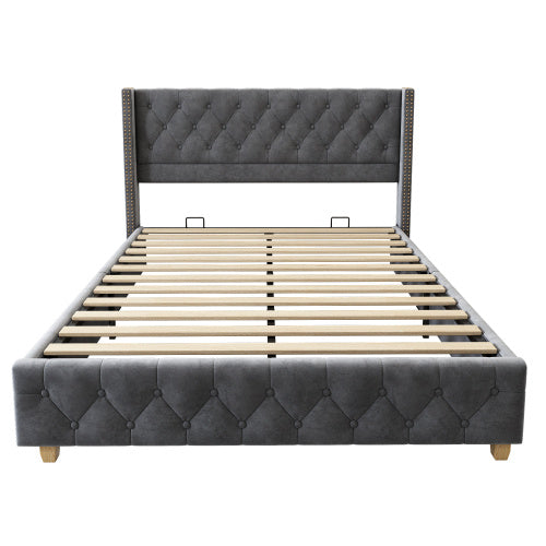 Upholstered Bed,Double Bed-4ft6 135x190cm,With Slatted Frame And Headboard, Button Upholstery, Rivet Upholstery, Wooden Legs, Velvet, Grey