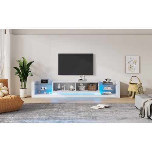 Open Glass Storage TV Stand With LED Lights For TV Cabinets Up To 75 Inches High Gloss Panel, Modern Minimalist Style Media Entertainment Center Console Cabinet Table With 2 Closed Sliding Door, White