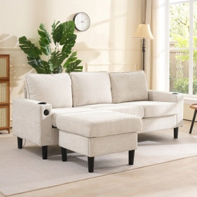 L-Shaped Couch Sofa, Corner Sofa 3 Seater Sofa, Sectional Sofa Couches With USB, Cup Holder, For Apartment Living Room Beige