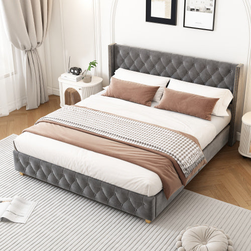 Upholstered Bed,Double Bed-4ft6 135x190cm,With Slatted Frame And Headboard, Button Upholstery, Rivet Upholstery, Wooden Legs, Velvet, Grey