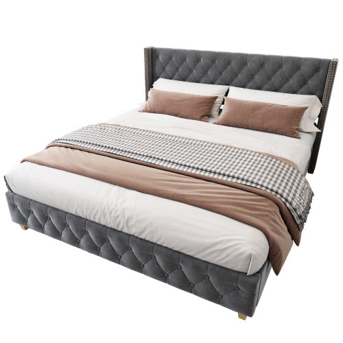 Upholstered Bed,Double Bed-4ft6 135x190cm,With Slatted Frame And Headboard, Button Upholstery, Rivet Upholstery, Wooden Legs, Velvet, Grey