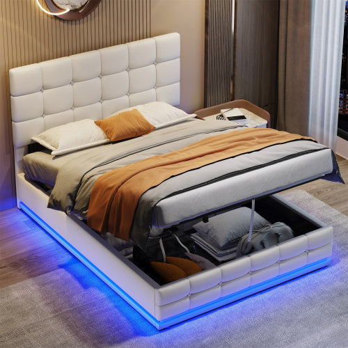Ottoman Double Bed With LED Lighting, PU Leather Upholstered Bed With Hydraulic Storage, 4ft6 Double Bed Frame With Adjustable Button Tufted Headboard, Cream White No Mattress