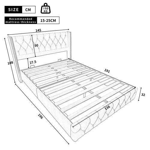 Upholstered Bed,Double Bed-4ft6 135x190cm,With Slatted Frame And Headboard, Button Upholstery, Rivet Upholstery, Wooden Legs, Velvet, Grey