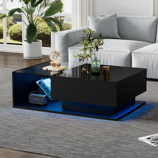 LED Coffee Table, Modern High Gloss Coffee Table, Center Table With Glass, Modern Coffee Table For Living Room With Drawer Black