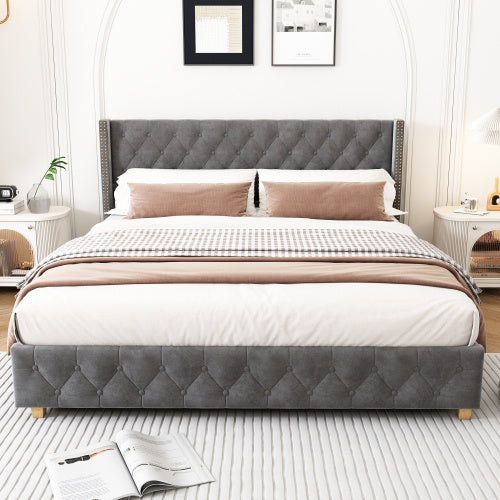 Upholstered Bed,Double Bed-4ft6 135x190cm,With Slatted Frame And Headboard, Button Upholstery, Rivet Upholstery, Wooden Legs, Velvet, Grey