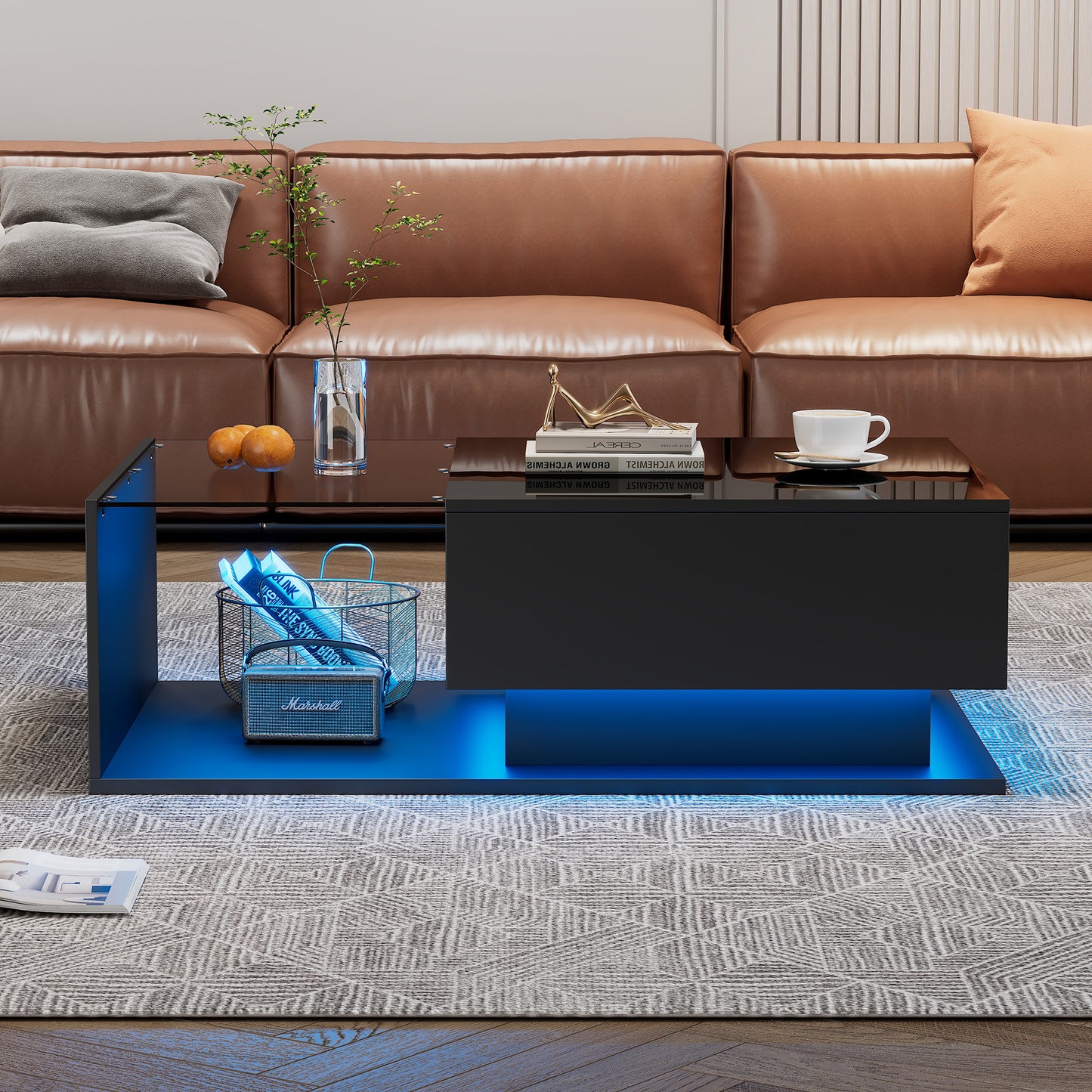LED Coffee Table, Modern High Gloss Coffee Table, Center Table With Glass, Modern Coffee Table For Living Room With Drawer Black