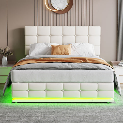 Ottoman Double Bed With LED Lighting, PU Leather Upholstered Bed With Hydraulic Storage, 4ft6 Double Bed Frame With Adjustable Button Tufted Headboard, Cream White No Mattress