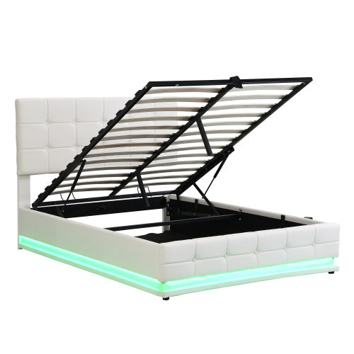 Ottoman Double Bed With LED Lighting, PU Leather Upholstered Bed With Hydraulic Storage, 4ft6 Double Bed Frame With Adjustable Button Tufted Headboard, Cream White No Mattress