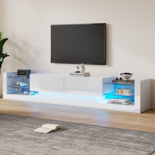 Open Glass Storage TV Stand With LED Lights For TV Cabinets Up To 75 Inches High Gloss Panel, Modern Minimalist Style Media Entertainment Center Console Cabinet Table With 2 Closed Sliding Door, White