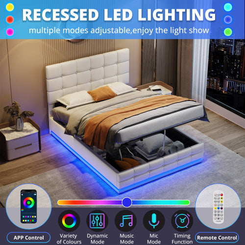Ottoman Double Bed With LED Lighting, PU Leather Upholstered Bed With Hydraulic Storage, 4ft6 Double Bed Frame With Adjustable Button Tufted Headboard, Cream White No Mattress