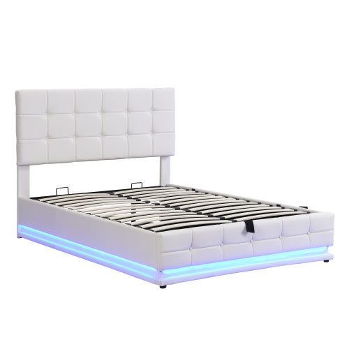 Ottoman Double Bed With LED Lighting, PU Leather Upholstered Bed With Hydraulic Storage, 4ft6 Double Bed Frame With Adjustable Button Tufted Headboard, Cream White No Mattress