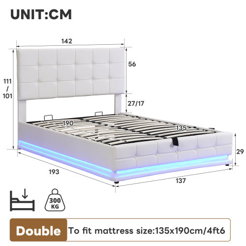 Ottoman Double Bed With LED Lighting, PU Leather Upholstered Bed With Hydraulic Storage, 4ft6 Double Bed Frame With Adjustable Button Tufted Headboard, Cream White No Mattress