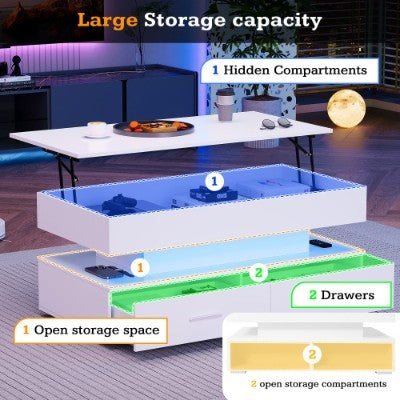 Hydraulic Lift Top Coffee Table, LED Coffee Tables With Storage For Living Room, Coffee Table With 2 Drawers & LED Light For Dining Reception Room, White