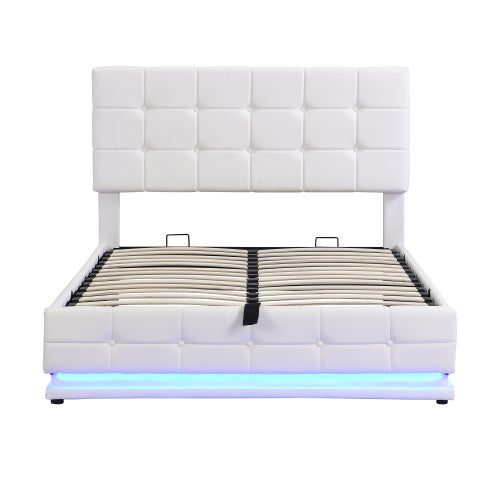 Ottoman Double Bed With LED Lighting, PU Leather Upholstered Bed With Hydraulic Storage, 4ft6 Double Bed Frame With Adjustable Button Tufted Headboard, Cream White No Mattress