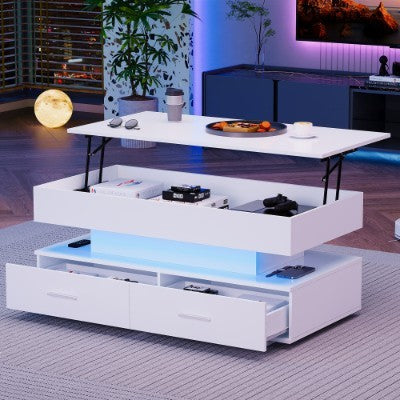 Hydraulic Lift Top Coffee Table, LED Coffee Tables With Storage For Living Room, Coffee Table With 2 Drawers & LED Light For Dining Reception Room, White