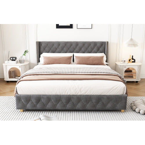 Upholstered Bed,Double Bed-4ft6 135x190cm,With Slatted Frame And Headboard, Button Upholstery, Rivet Upholstery, Wooden Legs, Velvet, Grey