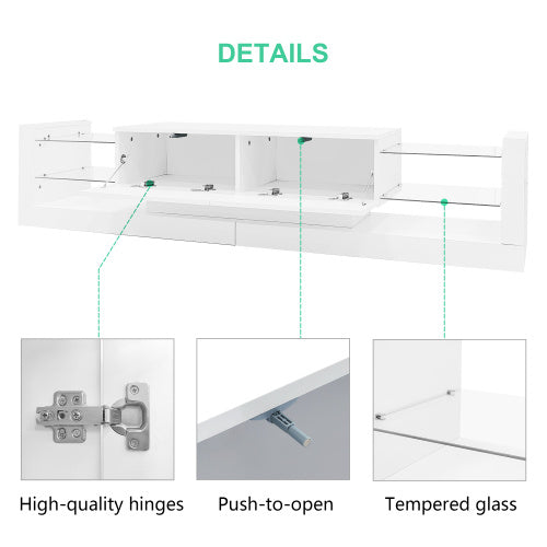 Open Glass Storage TV Stand With LED Lights For TV Cabinets Up To 75 Inches High Gloss Panel, Modern Minimalist Style Media Entertainment Center Console Cabinet Table With 2 Closed Sliding Door, White