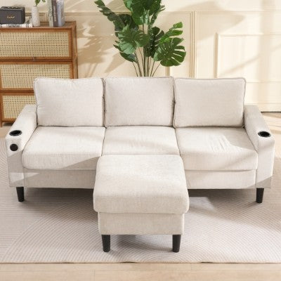 L-Shaped Couch Sofa, Corner Sofa 3 Seater Sofa, Sectional Sofa Couches With USB, Cup Holder, For Apartment Living Room Beige