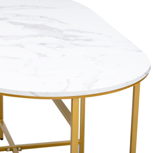 Dining Group, Set, With Dining Table, 4 Small Stools And 2 Large Stools, Kitchen Dining Table Set Made Of Steel Frame, Modern White And Gold, 140x70x76cm, Load Capacity 120 Kg